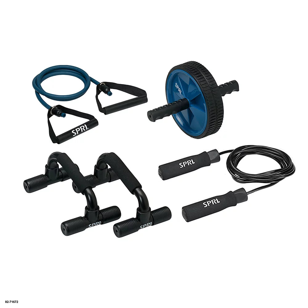 Home Gym Essentials Kit, Includes Jump Rope, Push-Up Bars, Ab Wheel and Medium Resistance Tube